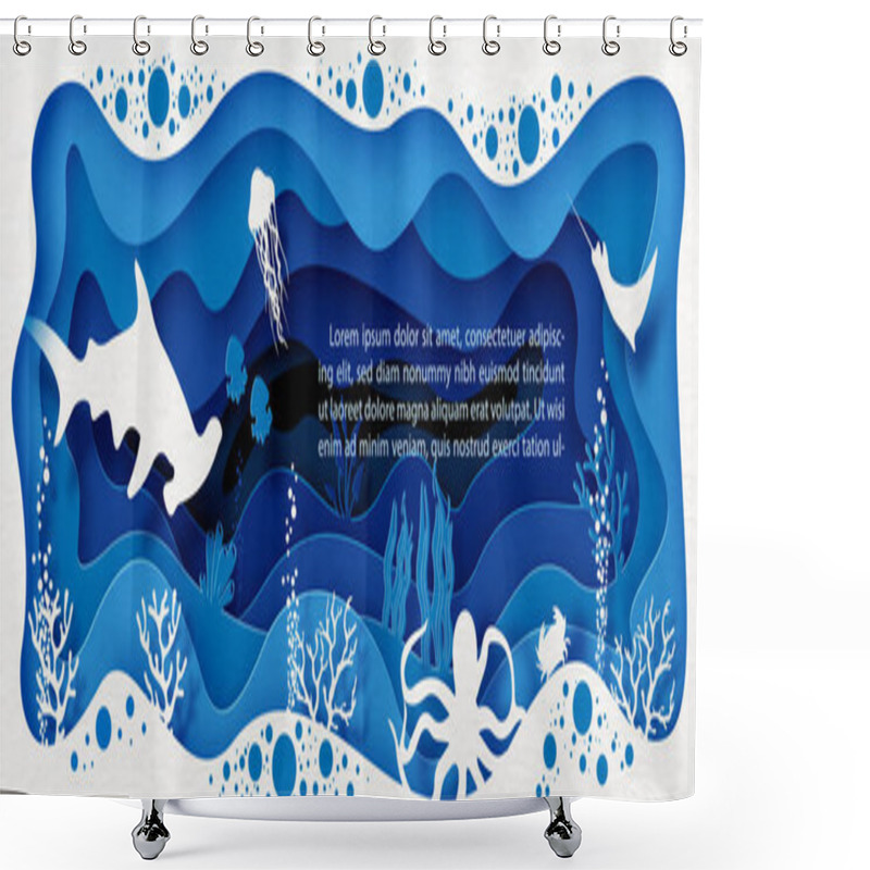 Personality  Card And Poster Scene Of Under The Sea And Ocean In Layers Paper Cut Style And Vector Design With  Shark And Sea Animals, Example Texts On Blue Background. Shower Curtains