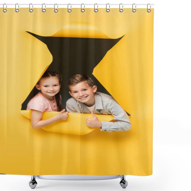 Personality  Happy Kids Showing Thumbs Up And Looking At Camera Through Hole On Yellow Background Shower Curtains