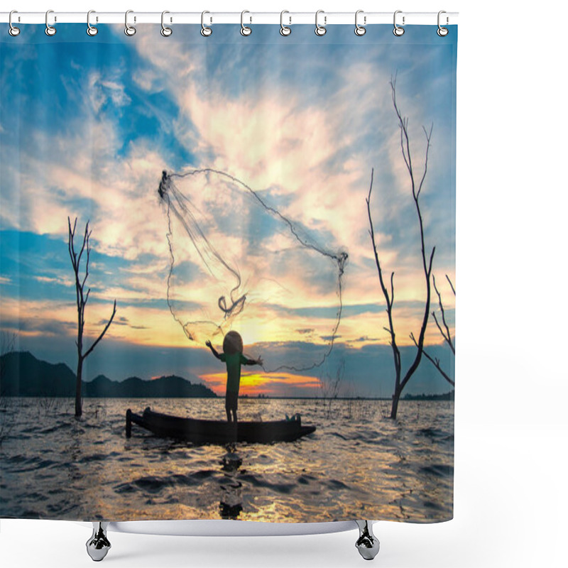 Personality  Asian Fisherman On Wooden Boat Casting A Net For Catching Freshwater Fish In Nature River In The Early Morning Before Sunrise Shower Curtains