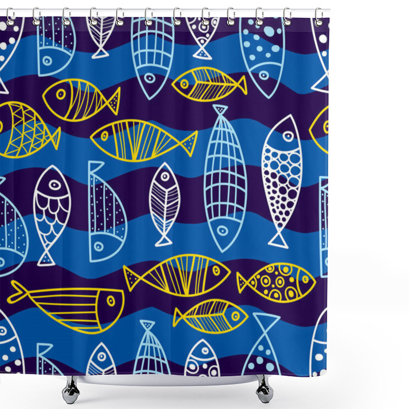 Personality  Cute Fish.  Gold Background. Seamless Pattern. Can Be Used In Textile Industry, Paper, Background, Scrapbooking. Shower Curtains