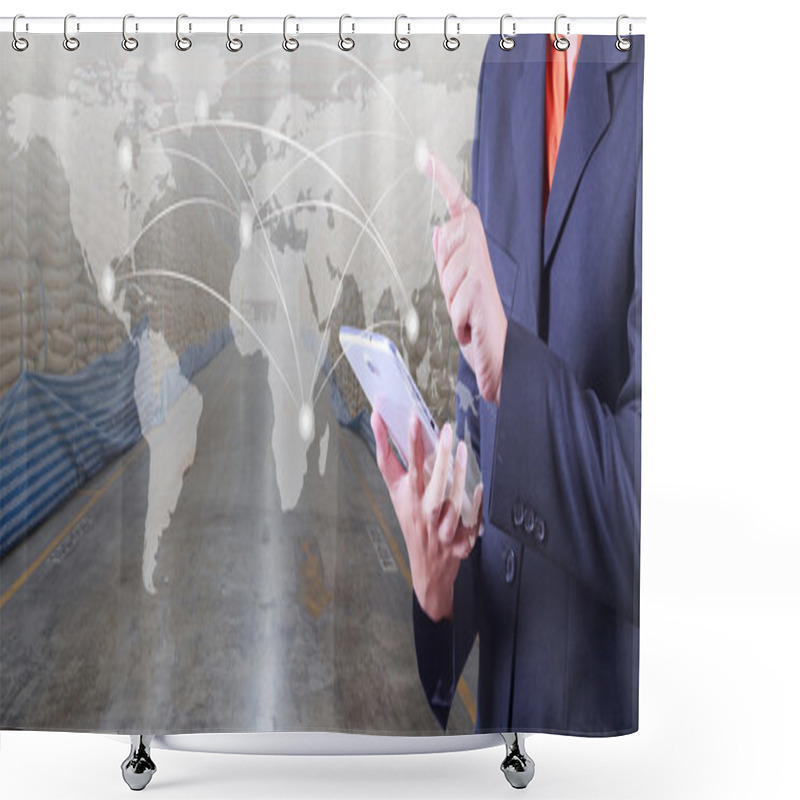 Personality  Hand Presses On World Map With Digital Tablet,export And Import  Shower Curtains