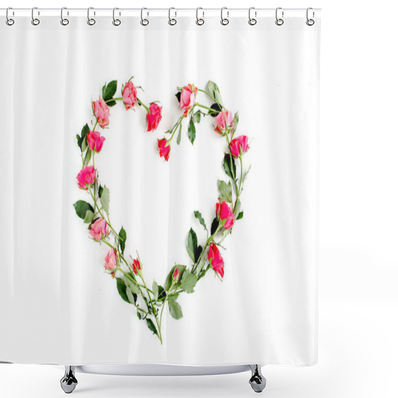 Personality  The Heart Is Lined With Red Roses On White Background. Valentines Background. Floral Pattern. Flat Lay, Top View. Shower Curtains