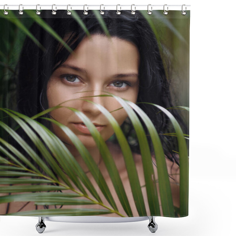 Personality  Close-up Portrait Of A Young Woman With An Intense Gaze, Partially Obscured By Tropical Leaves, Creating A Mysterious, Exotic Atmosphere. Ideal For Nature, Adventure, And Lifestyle Themes. Shower Curtains