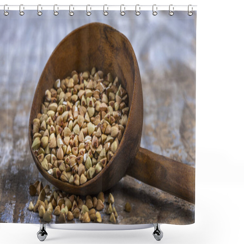 Personality  A Wooden Scoop Filled With Light Brown Buckwheat Seeds Rests On A Weathered Wooden Table, Emphasizing Its Rustic Charm. The Seeds Are Small, Triangular, And Have A Coarse Texture That Showcases Their Shower Curtains