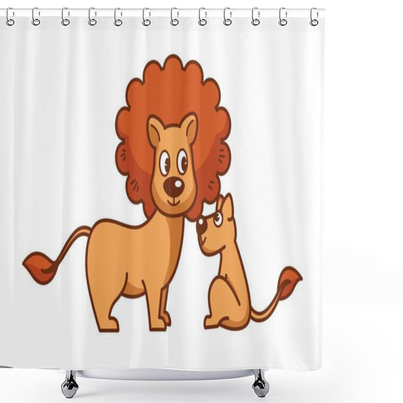 Personality  Father Lion With Thick Mane And Little Lionet. Wild Predators From Savannah. King Of Animals With His Baby Son That Sits And Looks At Him Isolated Cartoon Flat Vector Illustration On White Background. Shower Curtains