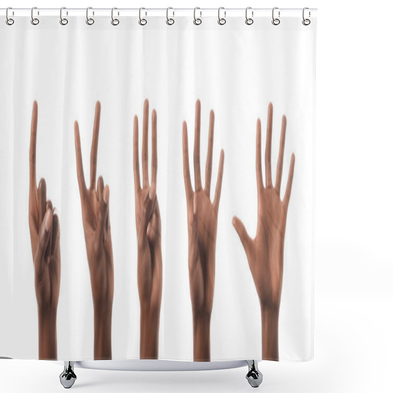 Personality  Collage Of African American Man Showing Numbers With Hands Isolated On White Shower Curtains