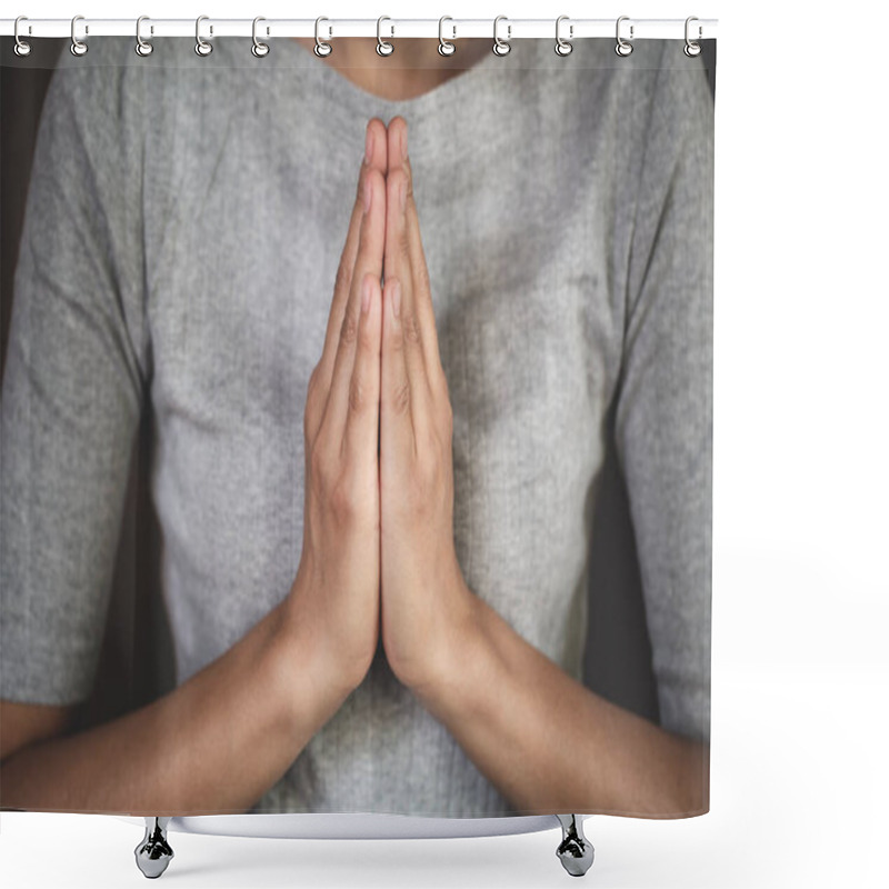 Personality  Namaste Or Namaskar Hands Gesture, Prayer Position, Praying Hands With Faith In Religion And Belief In God On Dark Background. Power Of Hope Or Love And Devotion.  Shower Curtains