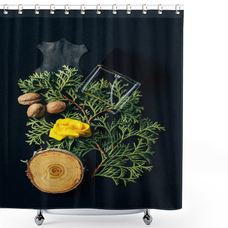 Personality  Top View Of Bottle Of Perfume On Coniferous Branches On Black Shower Curtains