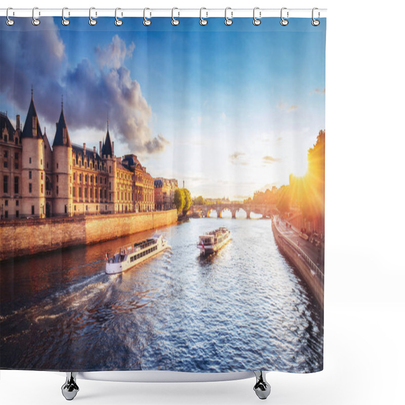 Personality  Dramatic Sunset Over Cite In Paris, France, With Conciergerie, Pont Neuf And River Seine. Colourful Travel Background. Romantic Cityscape. Shower Curtains