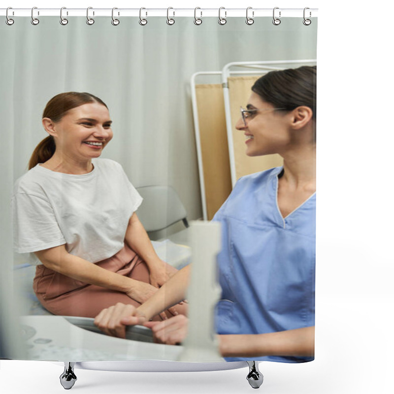 Personality  Gynecologist Discusses Health Of A Female Patient At A Contemporary Clinic. Shower Curtains