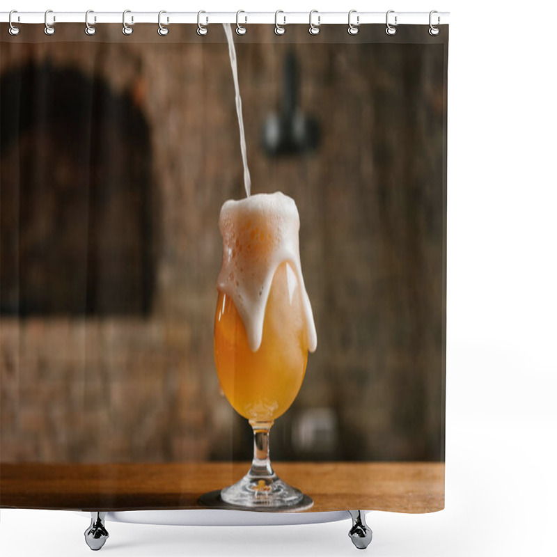 Personality  Close-up View Of Pouring Fresh Cold Beer With Foam Into Glass In Bar Shower Curtains