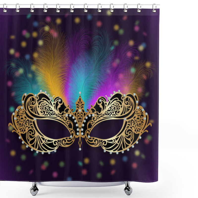 Personality  Illustration Of Card Template With Carnival Mask, Feathers And Confetti Background Shower Curtains