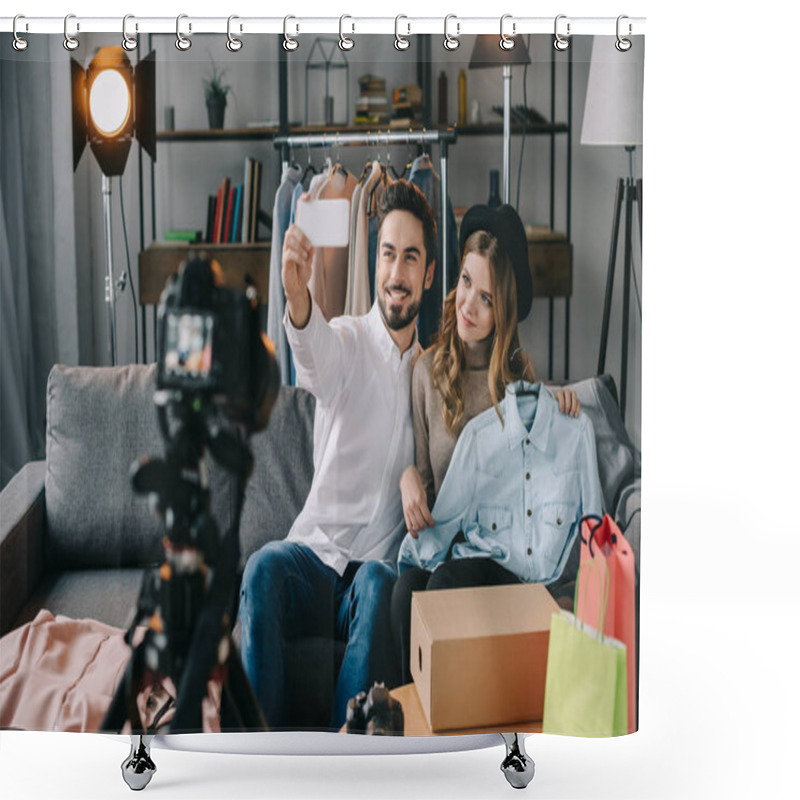 Personality  Happy Beauty Bloggers Taking Selfie With New Jean Jacket Shower Curtains