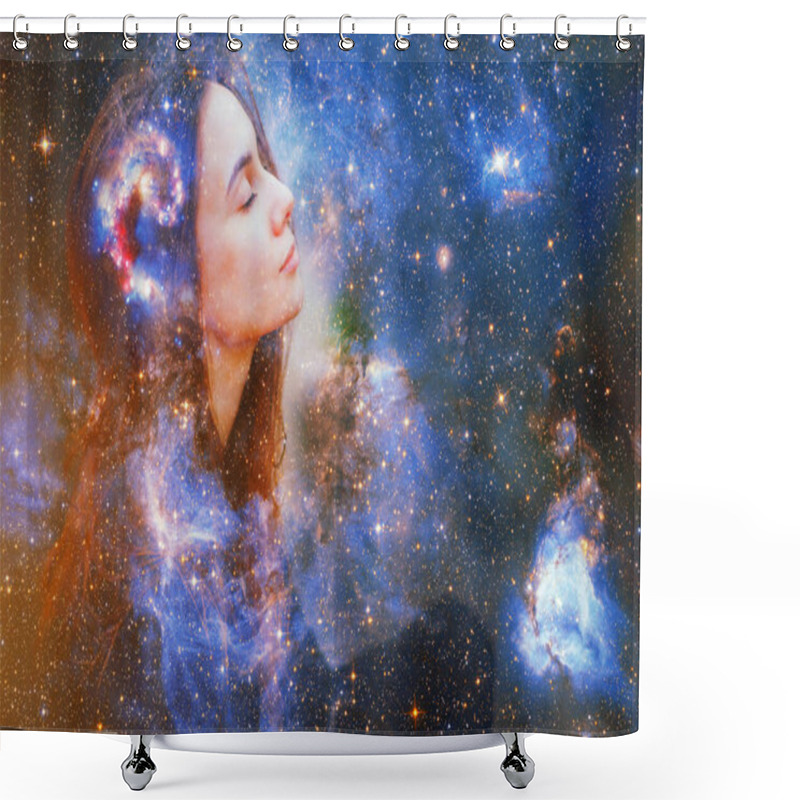 Personality  Double Exposure Portrait Of A Young Woman Close Eye Face With Galaxy Space Inside Head. Human Inner Peace, Star Light Fire, Life Zen Girl Love, Rpa Ai Concept. Elements Of This Image Furnished By NASA Shower Curtains