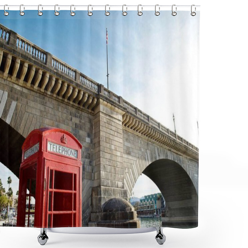 Personality  Lake Havasu City, Arizona: An Iconic English Red Phone Booth And The London Bridge. The Bridge Was Purchased From London And Reconstructed In Arizona In 1971 To Bring Tourism To The Area.  Shower Curtains