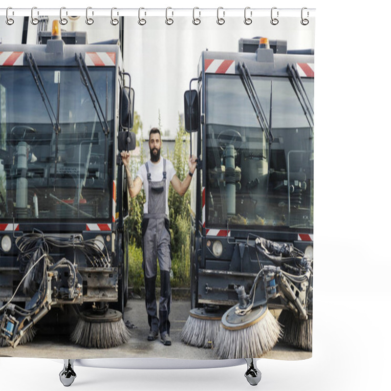 Personality  A City Cleaning Worker Posing Next To The Street Washing Vehicles. Shower Curtains