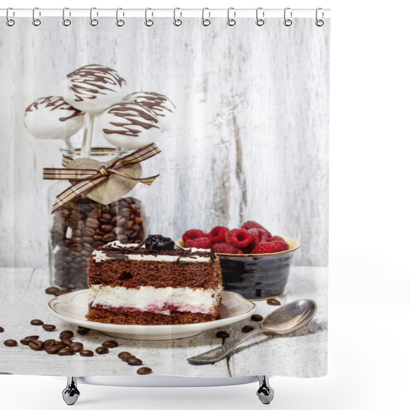 Personality  Chocolate And Cherry Cake On White Plate. Cake Pops In Glass Jar Shower Curtains