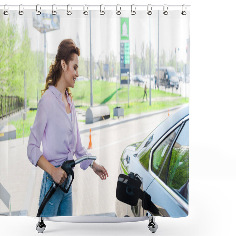 Personality  Cheerful Woman Holding Fuel Pump Near Black Car At Gas Station  Shower Curtains