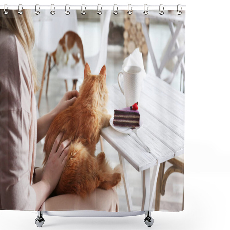 Personality  Woman Sitting In Cat Cafe Shower Curtains