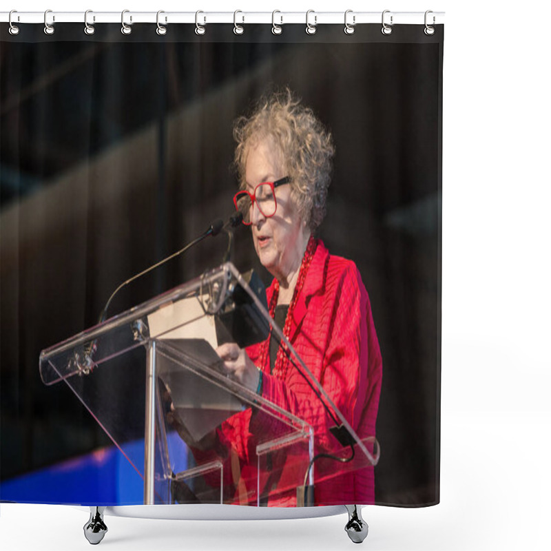 Personality  JUNE 14, 2018 - TORONTO, CANADA: MARGARET ATWOOD TALKS AT 'THE WALRUS TALKS THE FUTURE IN TORONTO' EVENT AT EVERGREEN BRICKWORKS. Shower Curtains