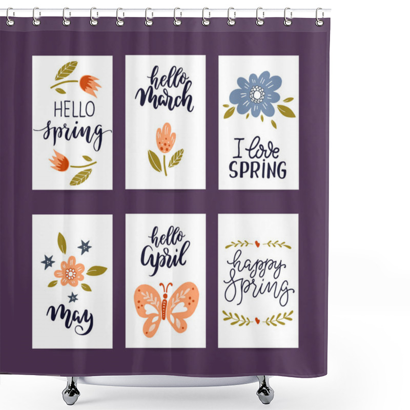 Personality  Vector Set Of  Creative Spring Cards. Hand Drawn Flowers, Butterflies And Lettering. Design For Poster, Card, Invitation, Placard, Brochure, Flyer.  Shower Curtains