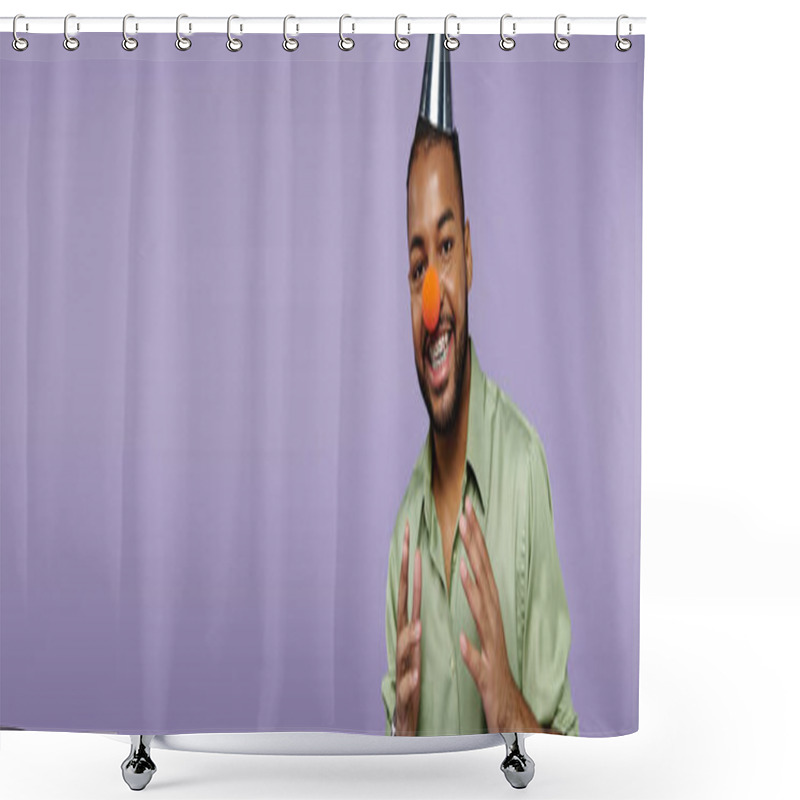 Personality  A Young African American Man With Braces On A Purple Background Is Happily Balancing A Clown Nose On Top Of His Head. Shower Curtains