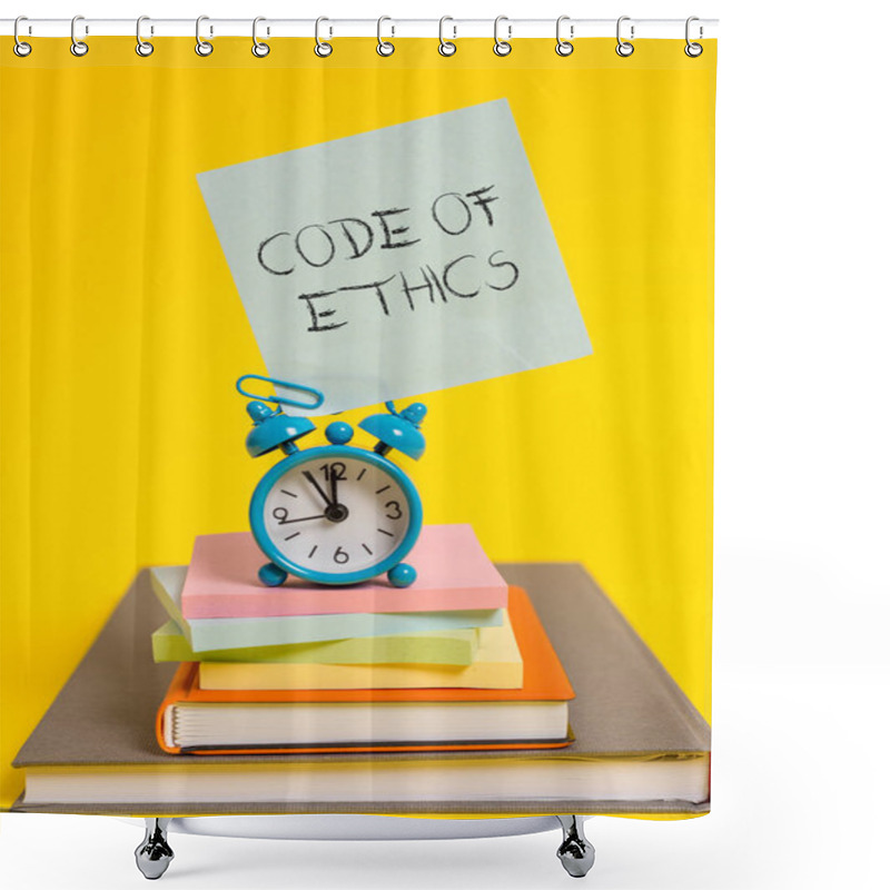 Personality  Handwriting Text Writing Code Of Ethics. Concept Meaning Basic Guide For Professional Conduct And Imposes Duties Alarm Clock Note Stacked Notepads Old Books Colored Background. Shower Curtains