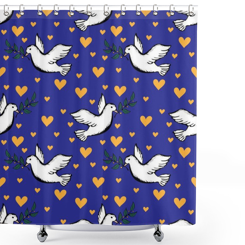 Personality  Seamless Pattern With A Flying Bird As A Symbol Of Peace In Blue And Yellow Colors Of Ukrainian Flag Shower Curtains