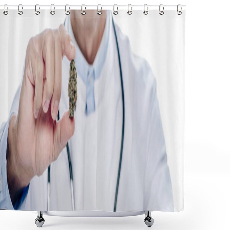 Personality  Panoramic Shot Of Doctor In White Coat Holding Medical Cannabis Isolated On White  Shower Curtains