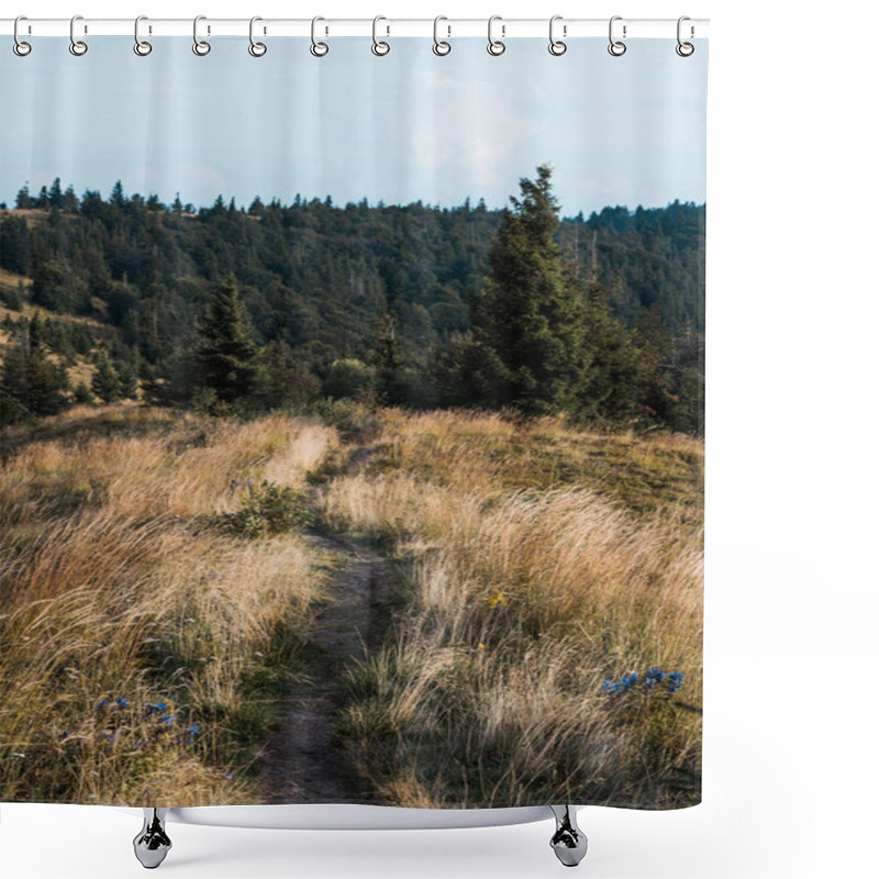 Personality  Green Firs Near Yellow Lawn With Barley And Wildflowers On Hill  Shower Curtains