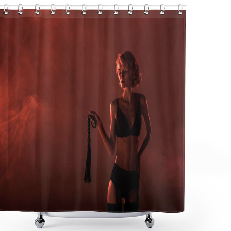 Personality  Beautiful Seductive Woman In Wonderful Lingerie Holding Whip On Red Smoke Background Shower Curtains