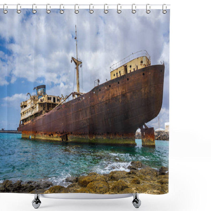 Personality  Close Up View Of Ship Wreck Of Temple Hall With The Port Of Arrecife In Background Shower Curtains