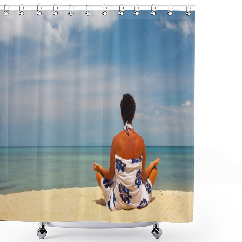 Personality  View Of A Woman Meditating On The Beach Early In The Morning Shower Curtains