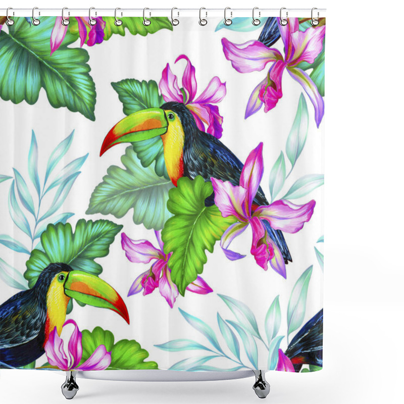 Personality  Toucan And Orchids, Tropical Seamless Patern. Shower Curtains