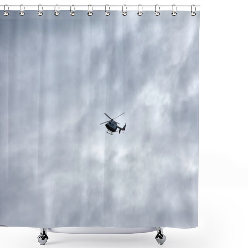 Personality  Nigrn,Pontevedra,Spain;December,03,2024:A Guardia Civil Helicopter Flies Through The Skies Above Nigrn, Spain. The Image Captures Its Impressive Aerial Presence, Showing The Helicopter In Motion.  Shower Curtains