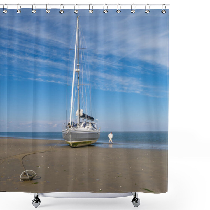 Personality  Sailboat At Beach, Wadden Sea, Netherlands Shower Curtains