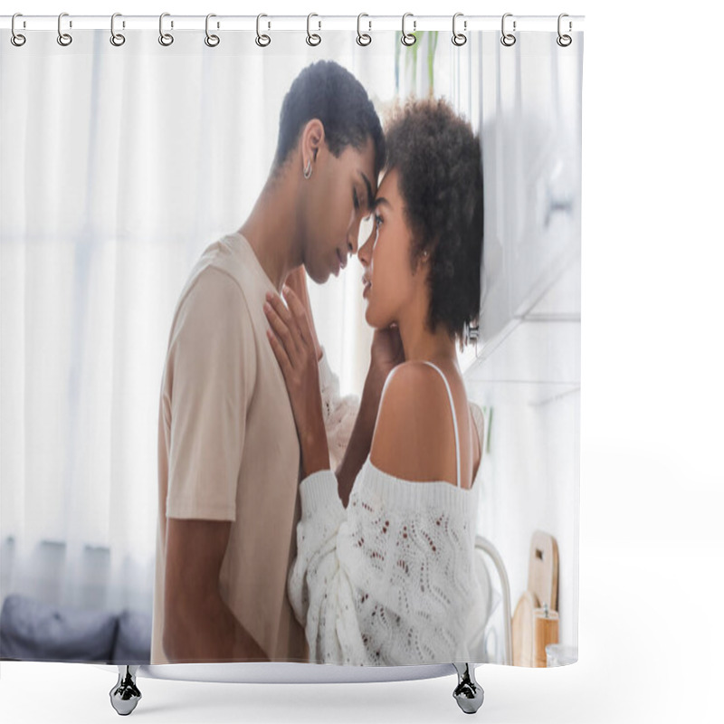 Personality  Side View Of African American Man In T-shirt And Sexy Woman In Knitted Sweater Standing Face To Face In Kitchen Shower Curtains