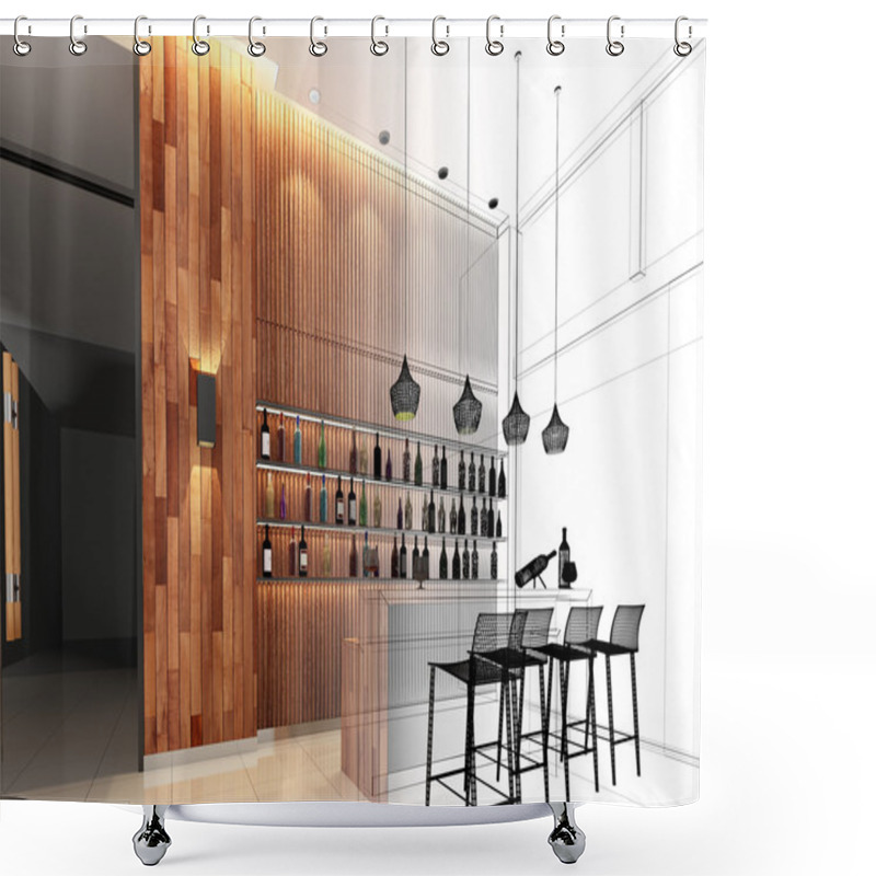 Personality  Sketch Design Of Counter Bar   ,3dwire Frame Render Shower Curtains