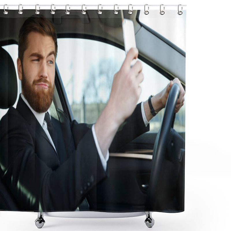 Personality  Side View Of Bearded Business Man Making Selfie Shower Curtains