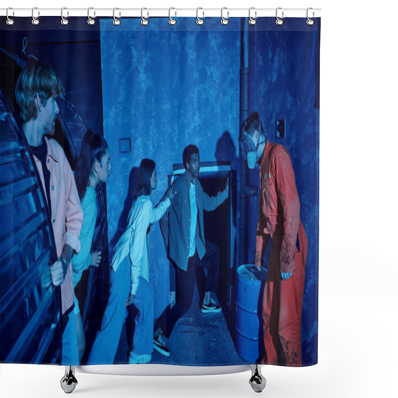 Personality  Multicultural Group Of Friends Escaping From Man In Gas Mask During Adventure In Quest Room Shower Curtains