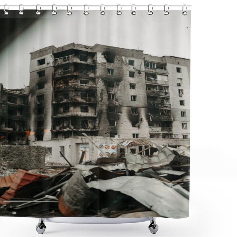 Personality  Borodyanka, Kyiv Region, Ukraine. April 08, 2022: Destroyed Building After Russian Occupation  Shower Curtains