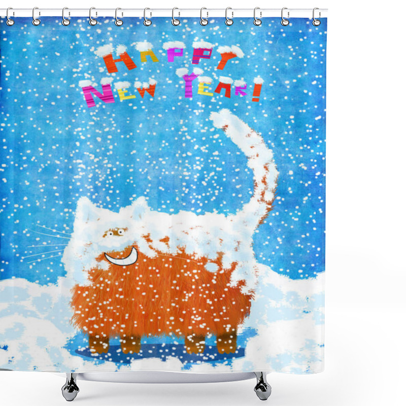 Personality  Fully Snowed Up Smiling Cat On Blue Background Shower Curtains