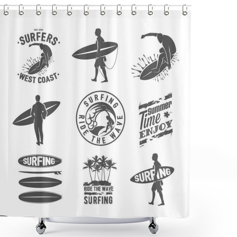 Personality  Silhouettes Of Surfers With Boards Isolated On White Background Shower Curtains