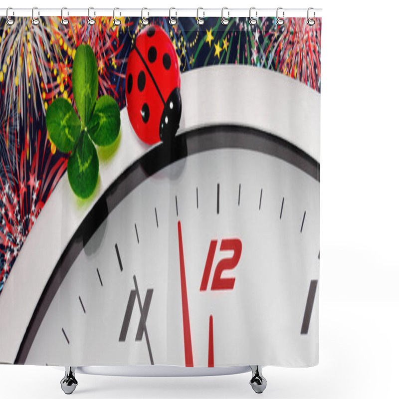 Personality  New Year's Eve Clock With Fireworks As Background Banner Shower Curtains