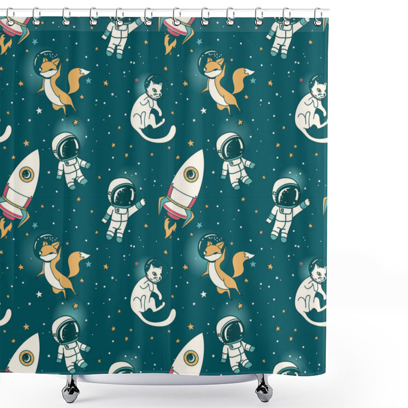 Personality  Cute Doodle Boys, Rockets, Foxes And Cats Floating In Space Shower Curtains