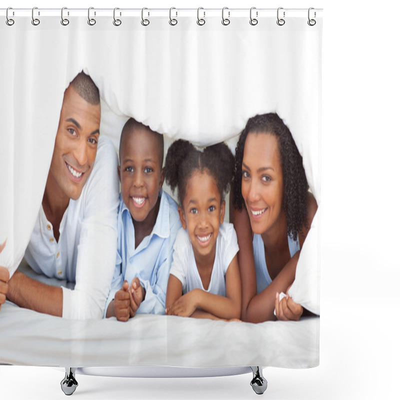 Personality  Merry Family Having Fun Lying Down On Bed Shower Curtains