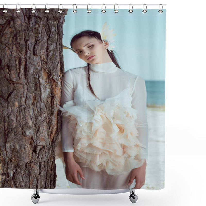 Personality  Elegant Woman In White Swan Costume Standing Near Three Trunk, Looking At Camera Shower Curtains