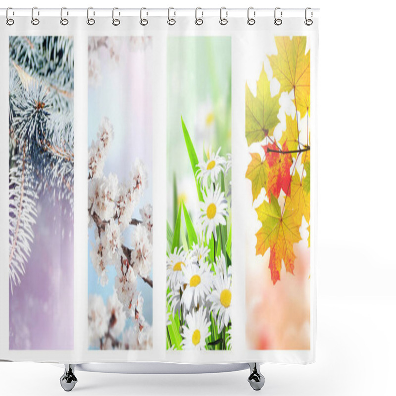 Personality  Four Seasons Of Year. Set Of Vertical Nature Banners With Winter, Spring, Summer And Autumn Scenes. Copy Space For Text Shower Curtains