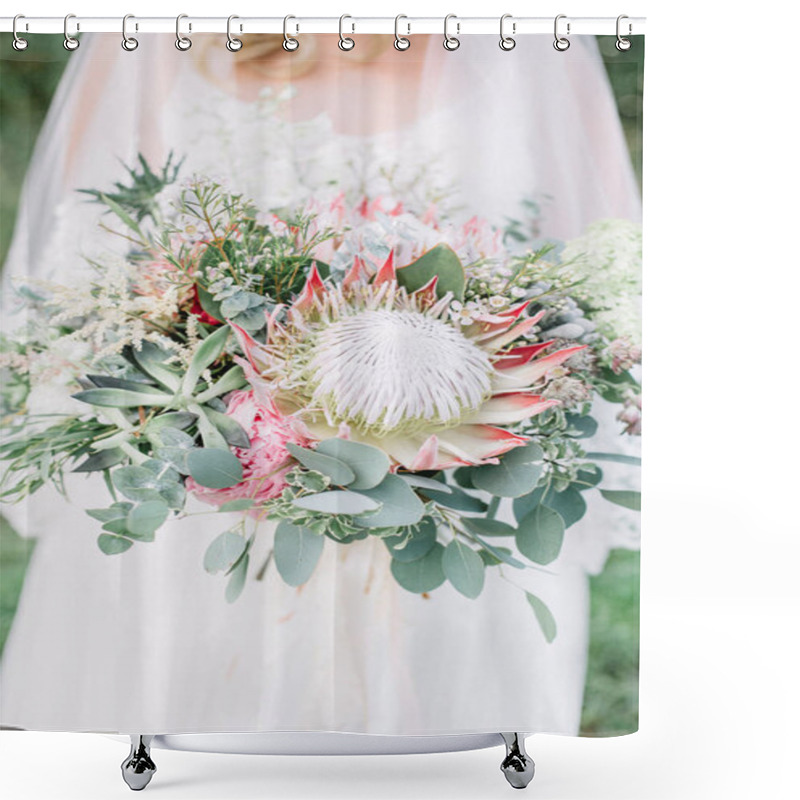 Personality  Beauty Wedding Bouquet Of Protea Flowers, Succulents And Eucalyptus Branches In Bride's Hands. Shower Curtains