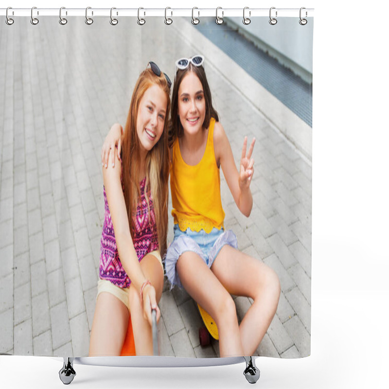 Personality  Teenage Girls Taking Selfie On City Street Shower Curtains